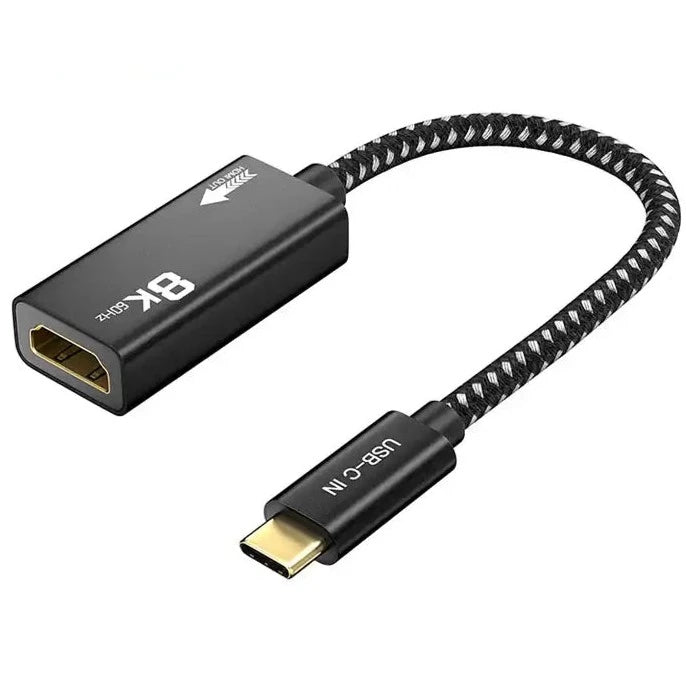 A black USB C male to HDMI female video extension cable with a braided design.