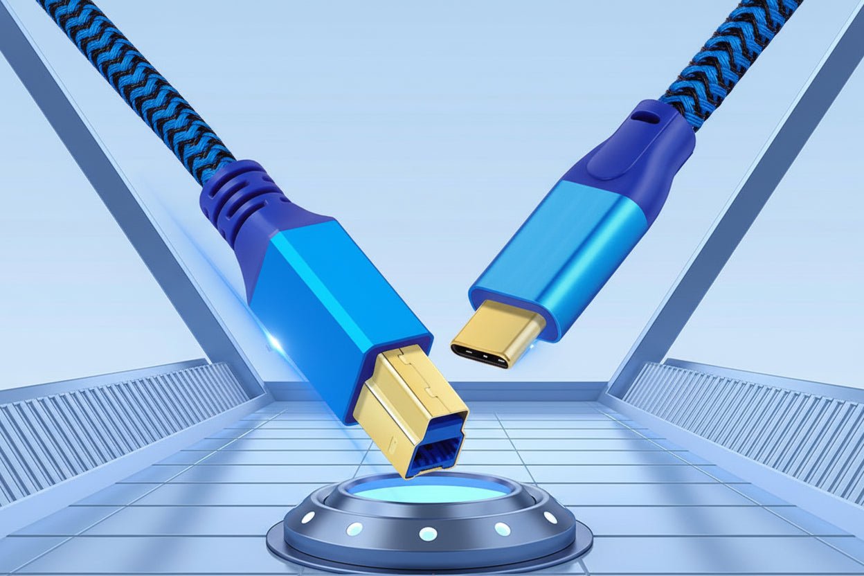 Blue and gold USB-C to USB-B cable on a light blue background with text.