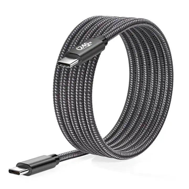 A black USB C to USB C fast data charging cable with braided design and USB 4.0 compliance logo.