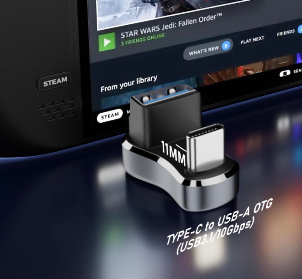 USB-C to USB 3.0 female U shape OTG adapter connected to a Steam Deck for compact cable management