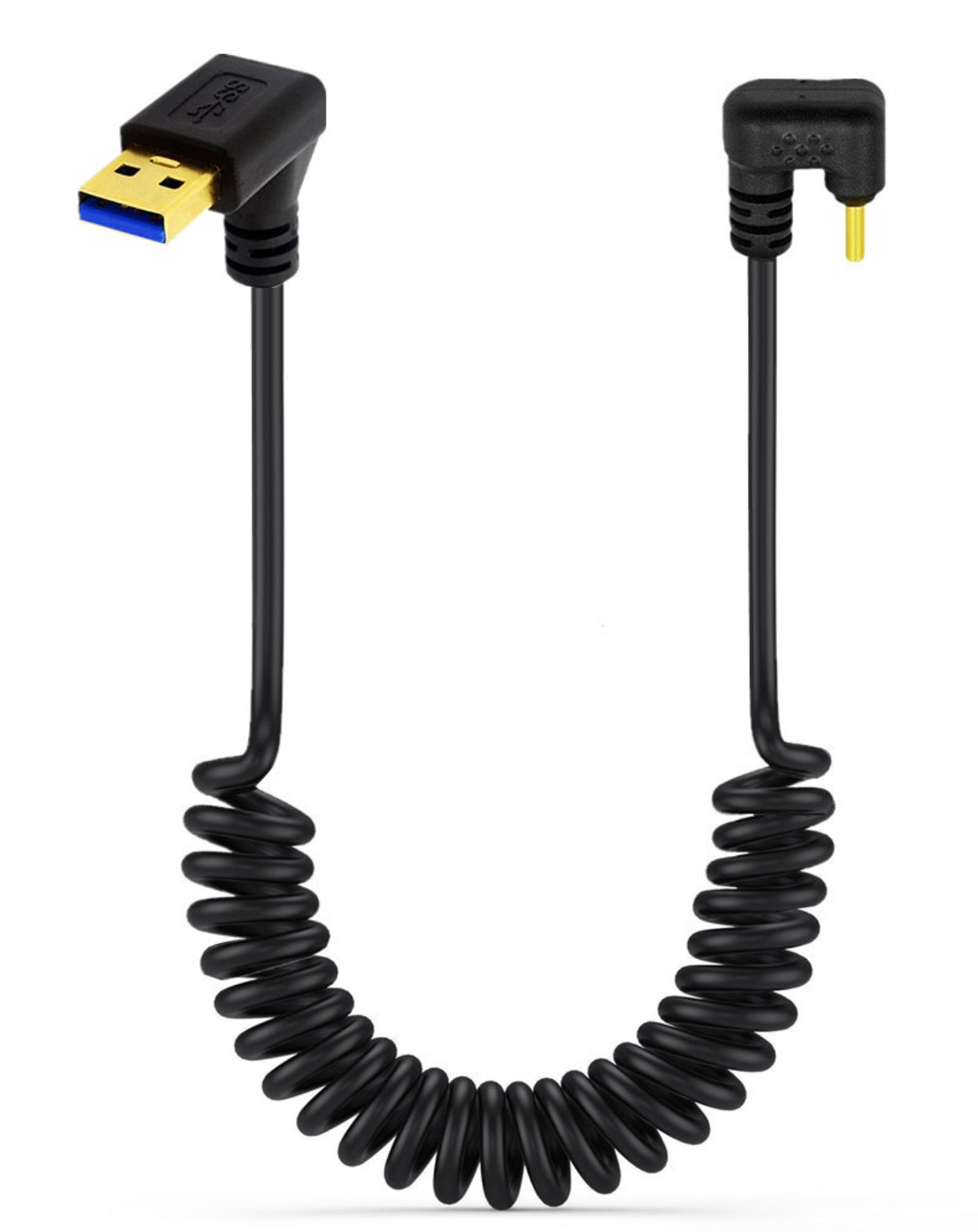 USB C U shape down angle coiled cable shown extended for flexible charging and data connectivity