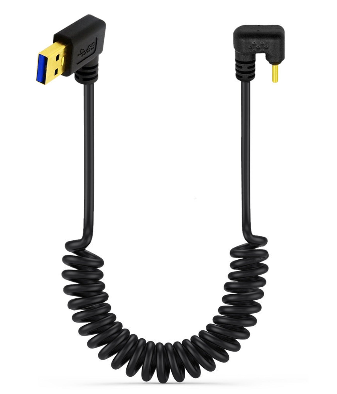 USB C U shape left angle coiled cable shown extended for flexible charging and data connectivity
