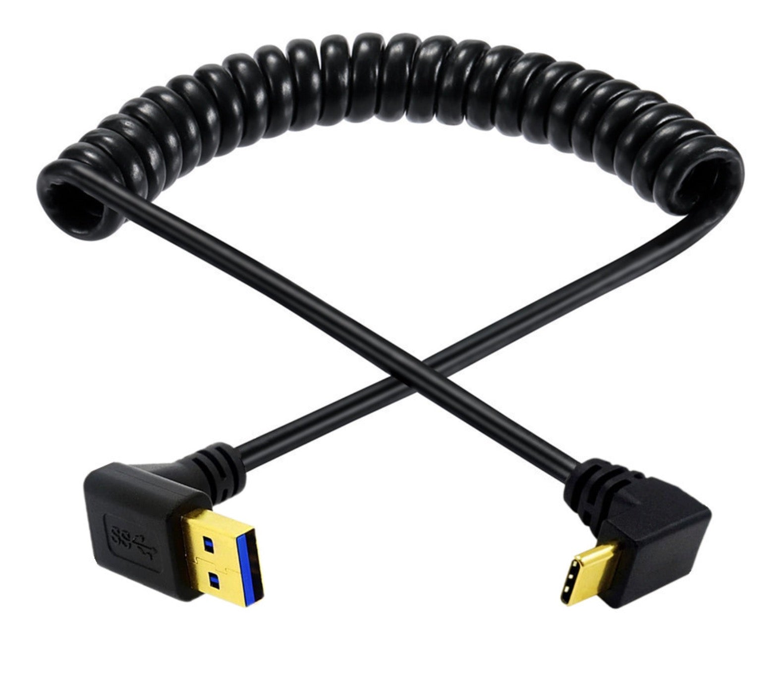 USB C up angle connector and USB 3.0 connector on coiled cable