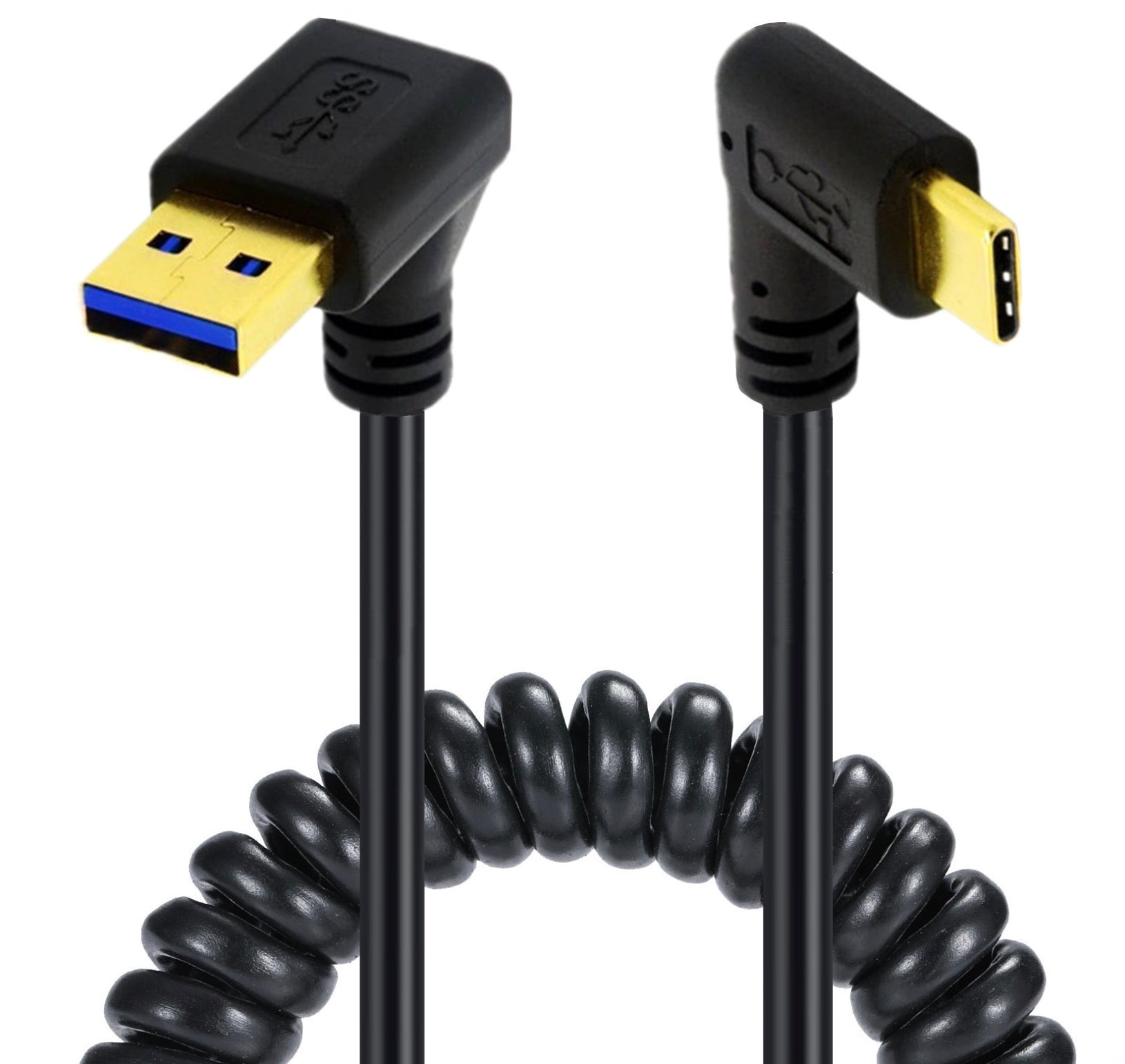 USB C male to USB 3.0 male coiled cable with up angle connector