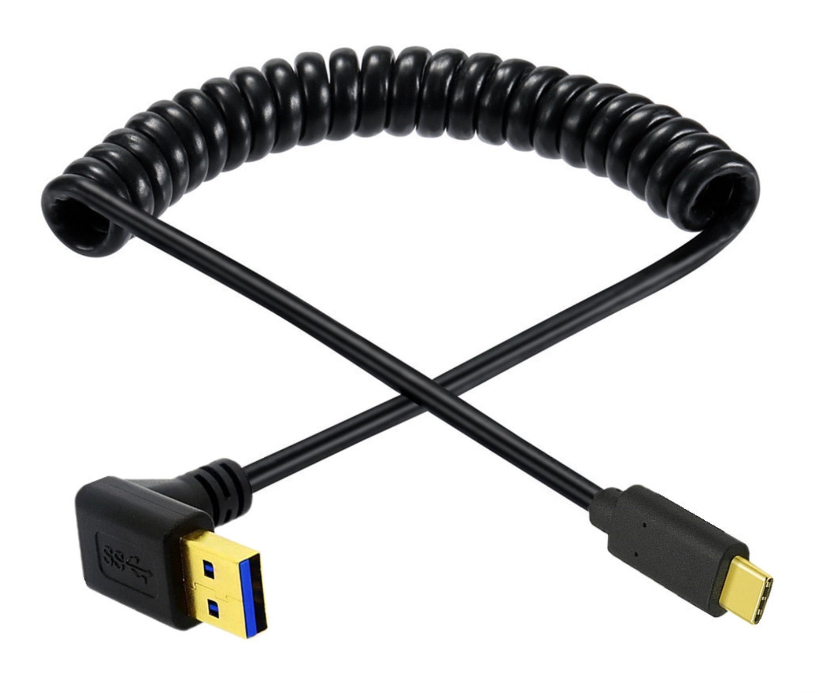 USB C up angle coiled cable shown extended for flexible charging and data connectivity
