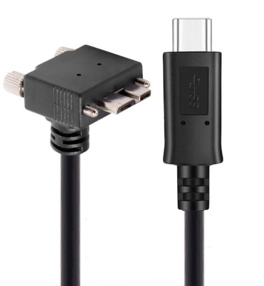 A black USB-C to Micro USB 3.0 angled cable with screw mount, designed for photographers and compatible with specific camera systems.