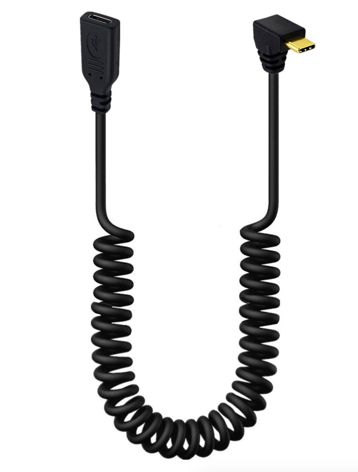 USB C up down angle coiled extension cable shown extended for flexible connectivity