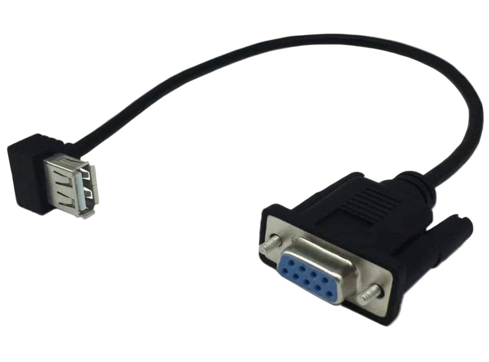USB 2.0 female to DB9 RS232 female serial converter cable showing complete adapter assembly