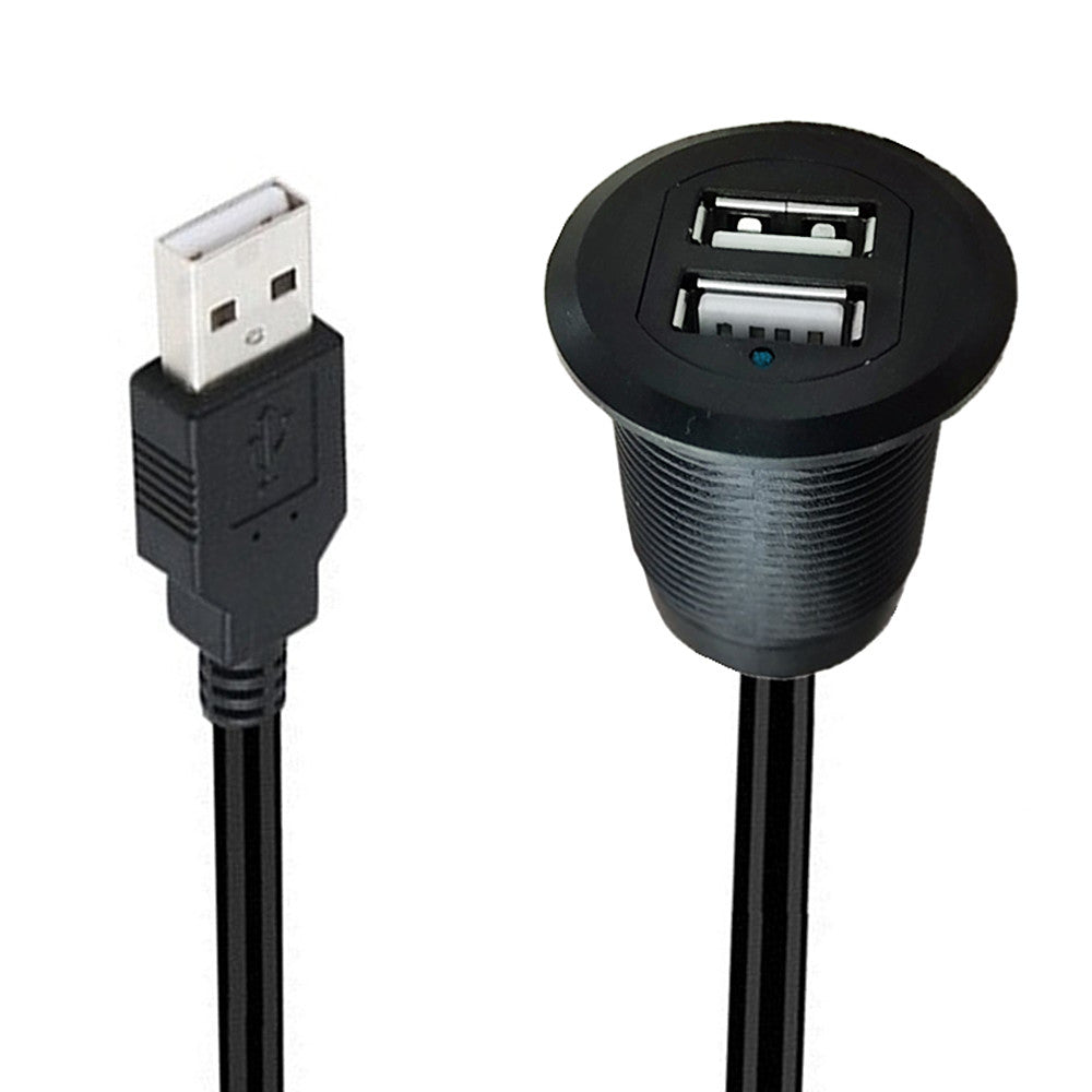 Front view of dual USB 2.0 panel mount socket with USB extension cable