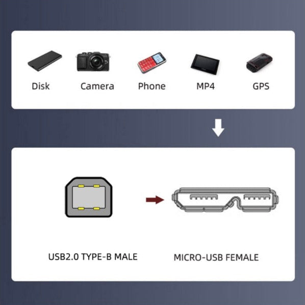 Diagram showing USB2.0 Type-B male connector and Micro-USB female connector with icons above on a blue background.