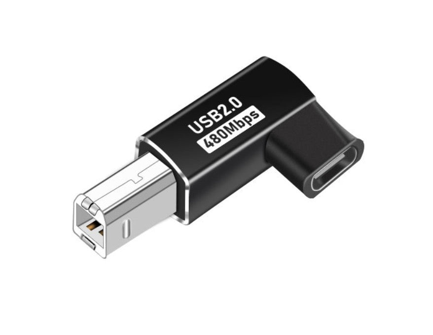 USB Type B male to USB C female adapter showing right angle connector design