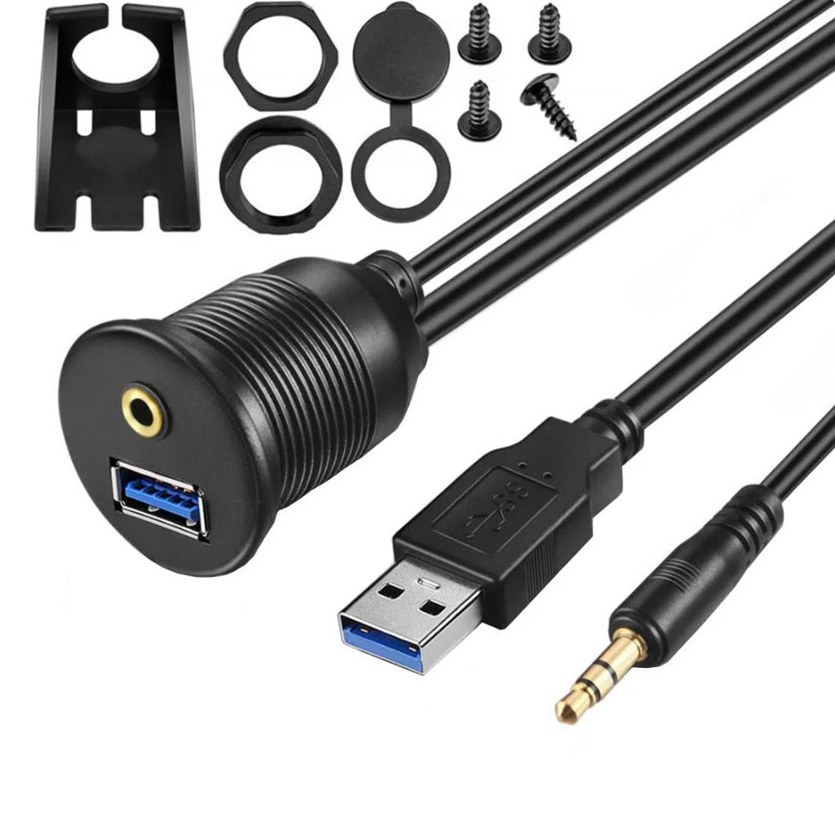 USB 3.0 and 3.5mm AUX waterproof flush panel mount extension cable