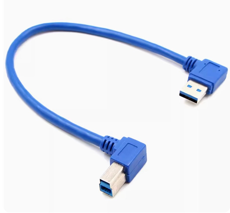 USB 3.0 Type-A left angle male to USB Type-B left angle male cable showing complete cable assembly