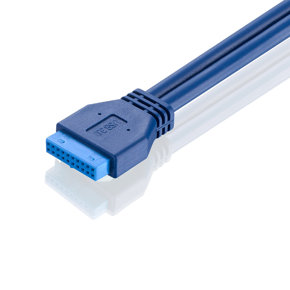 Close-up of the USB 3.0 20-pin motherboard connector and dual USB-A ports