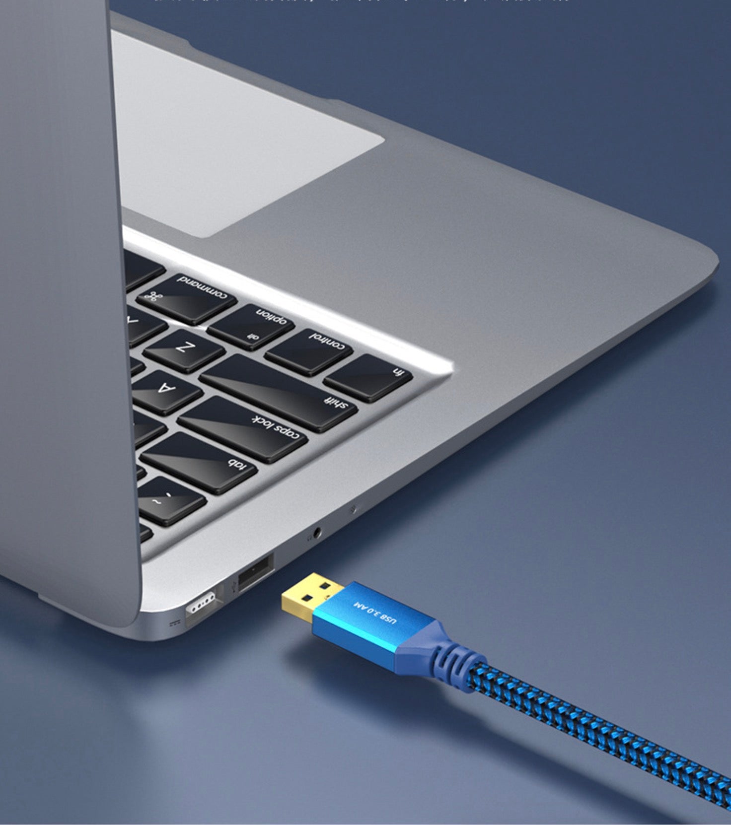 USB 3.0 Type-A to Type-B cable connected between a laptop and USB 3.0 printer
