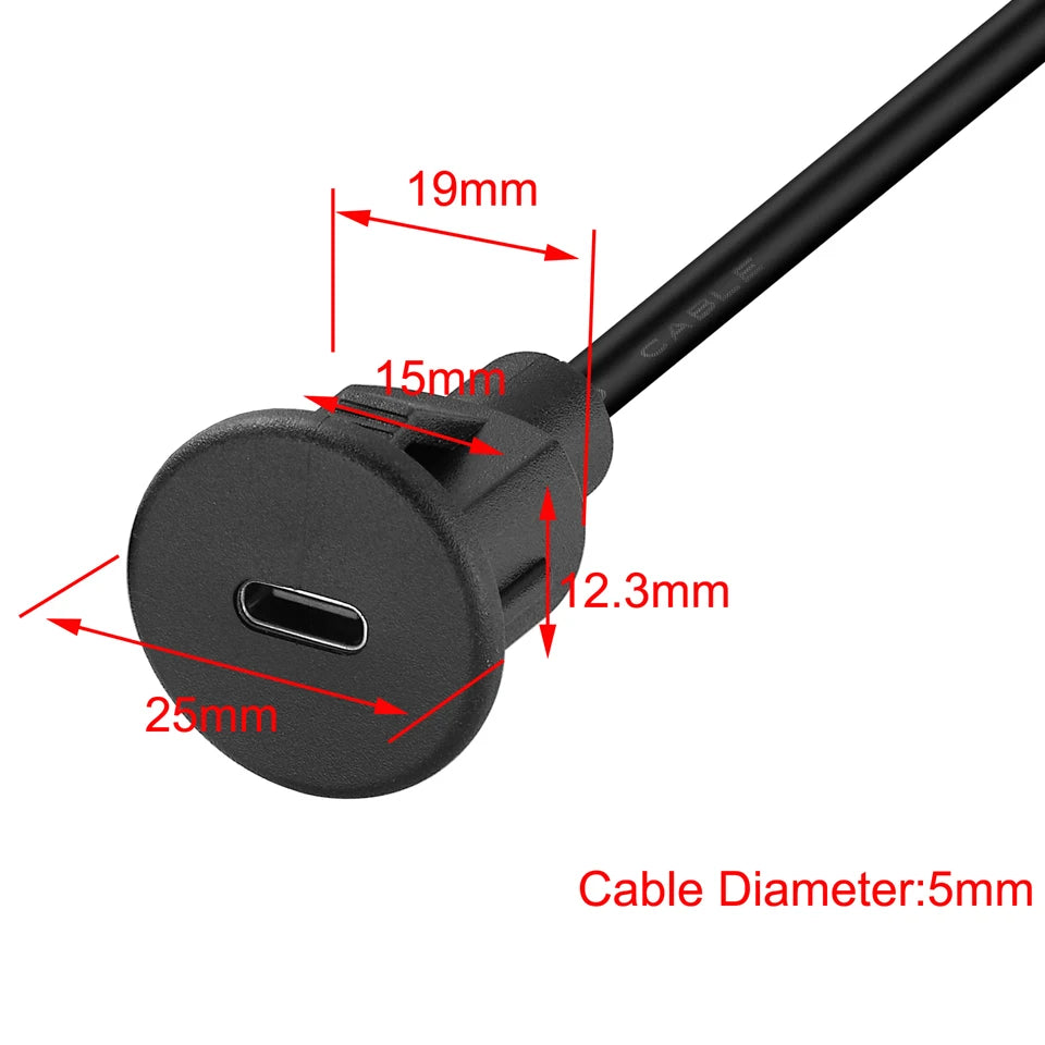USB 3.0 A Male to USB C Female Flush Mount Cable for Car Truck Boat Motorcycle Dashboard