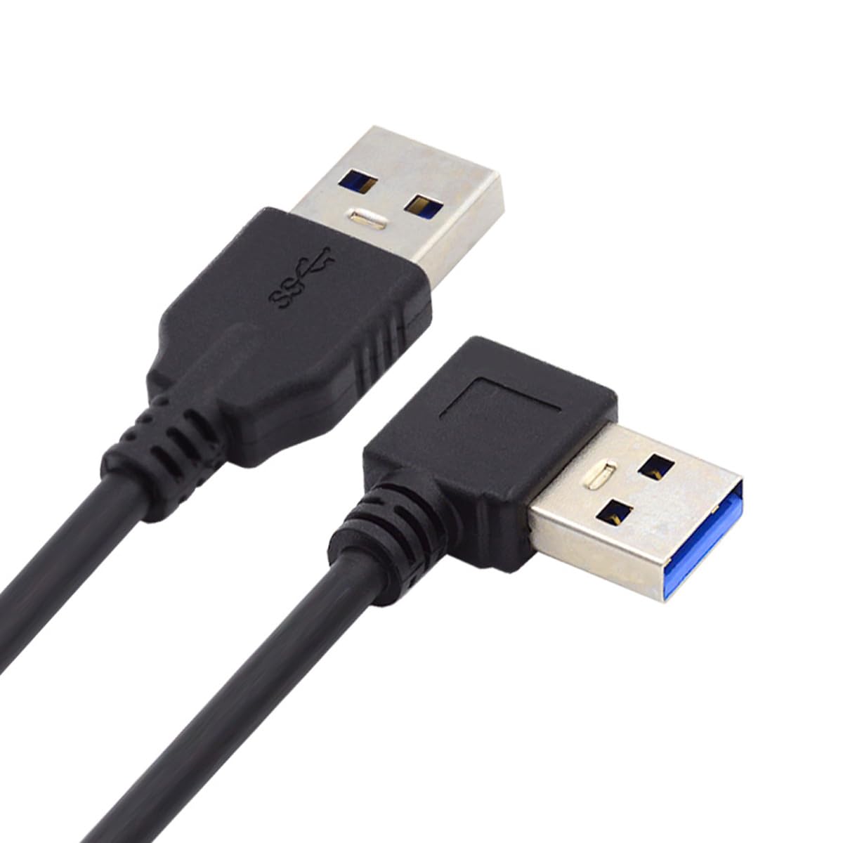 A black USB-A 3.0 right angled male to straight male data cable.
