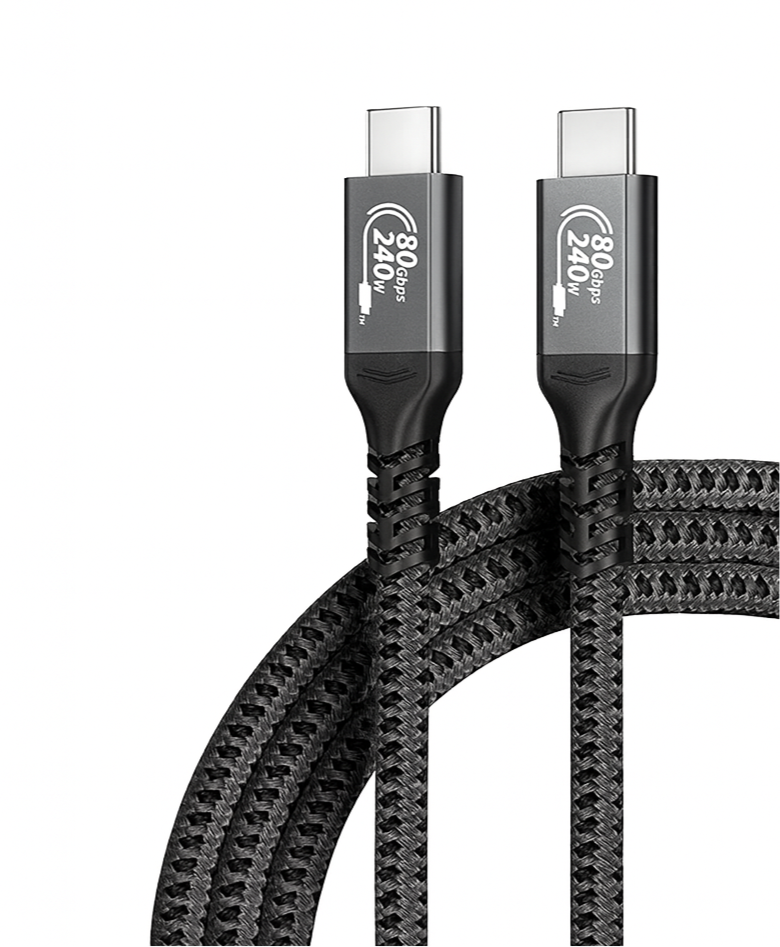 Black USB-C cable with braided design on a white background