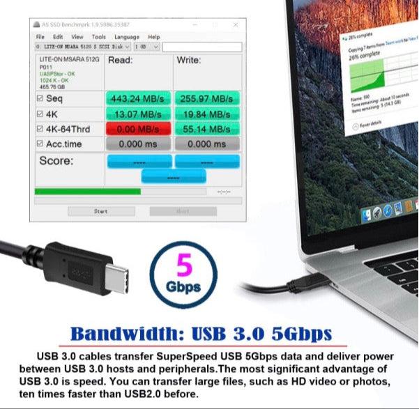 Laptop with USB 3.0 cable displaying bandwidth information on a white background