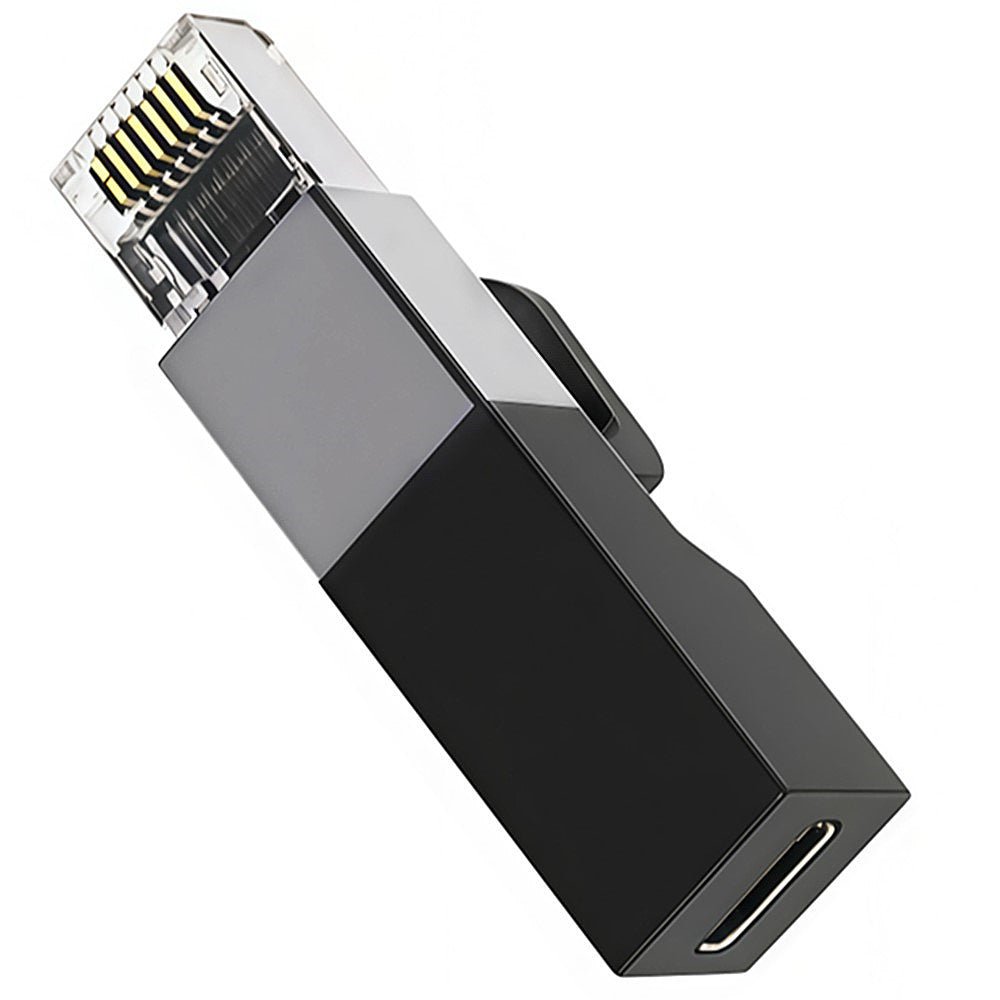 Network adapter with Ethernet connector and USB-C port on a white background