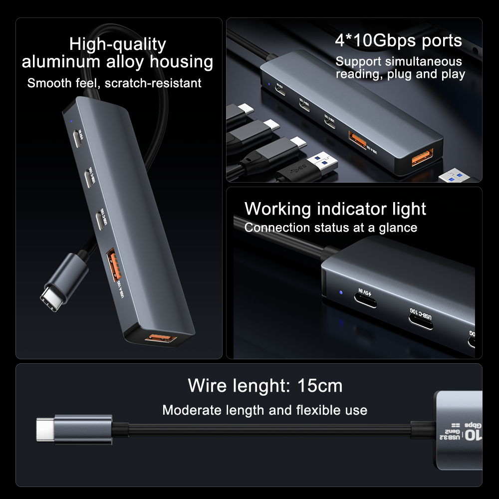 USB hub with features highlighted on a dark background