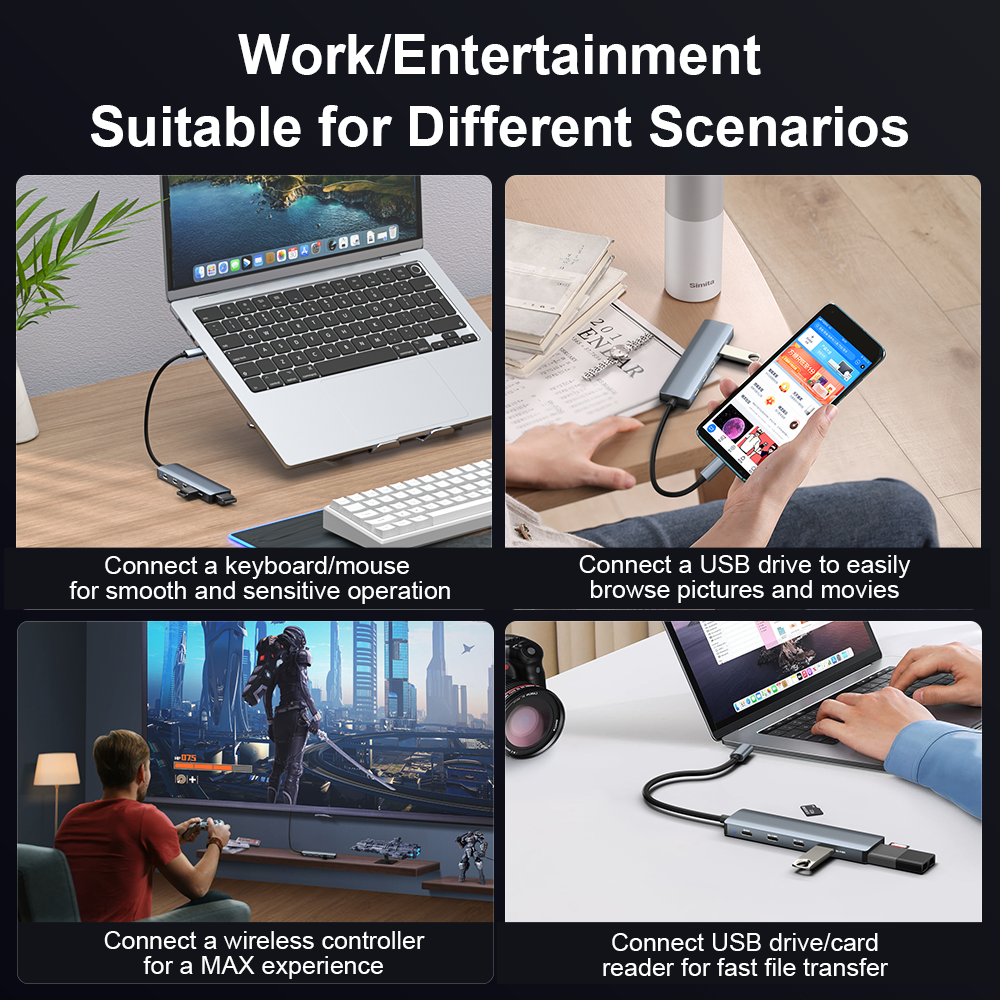 Collage of a laptop with various accessories on a desk, including a keyboard, mouse, USB drive, and wireless controller.