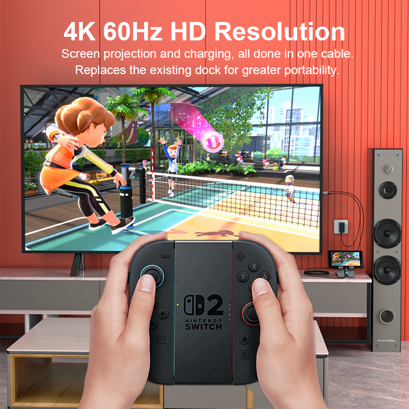 Person playing a tennis video game on Nintendo Switch with a TV in the background