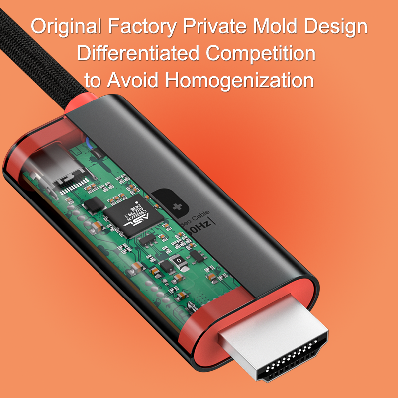 Electronic connector with visible circuit board on an orange background