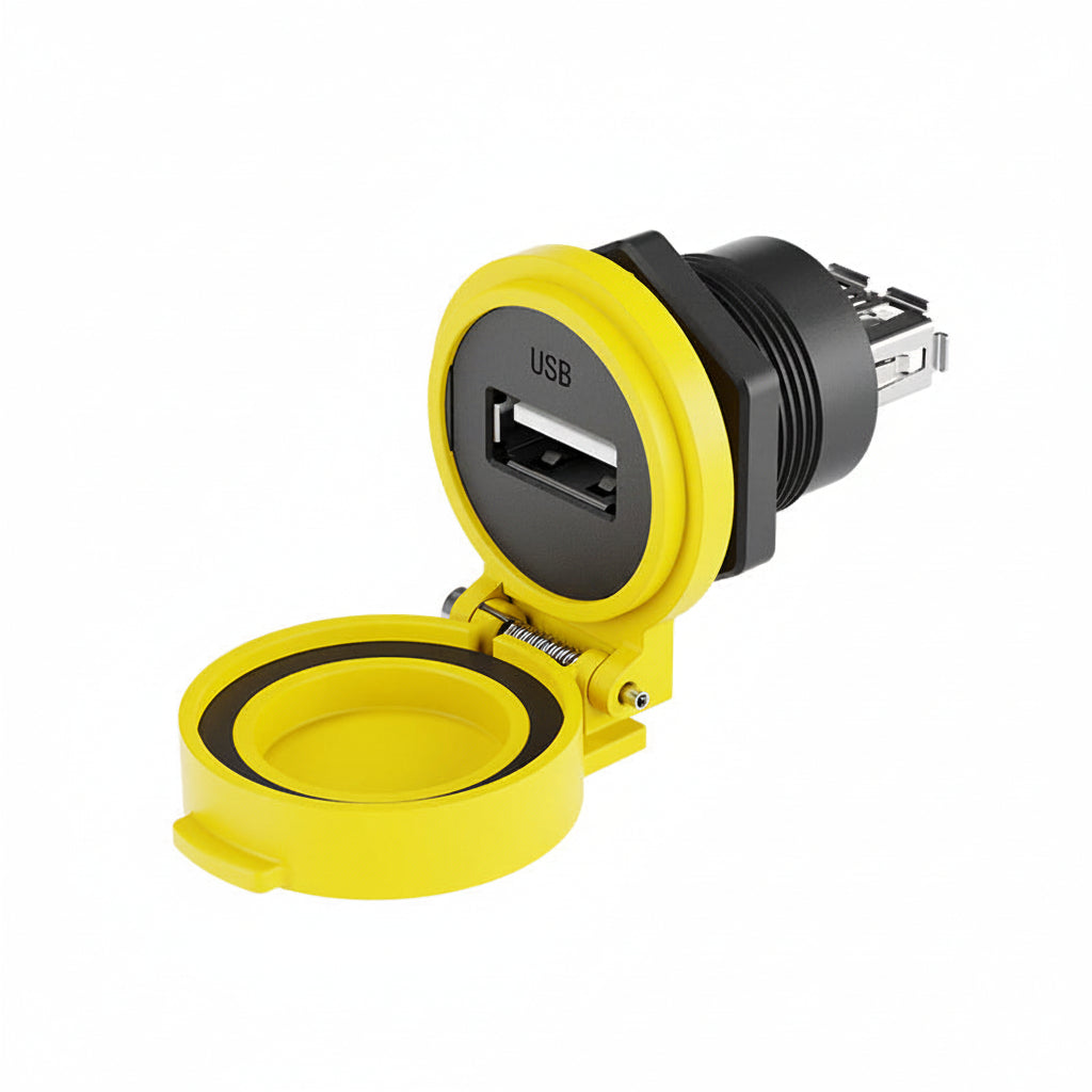 Yellow waterproof USB panel mount socket with flip cover