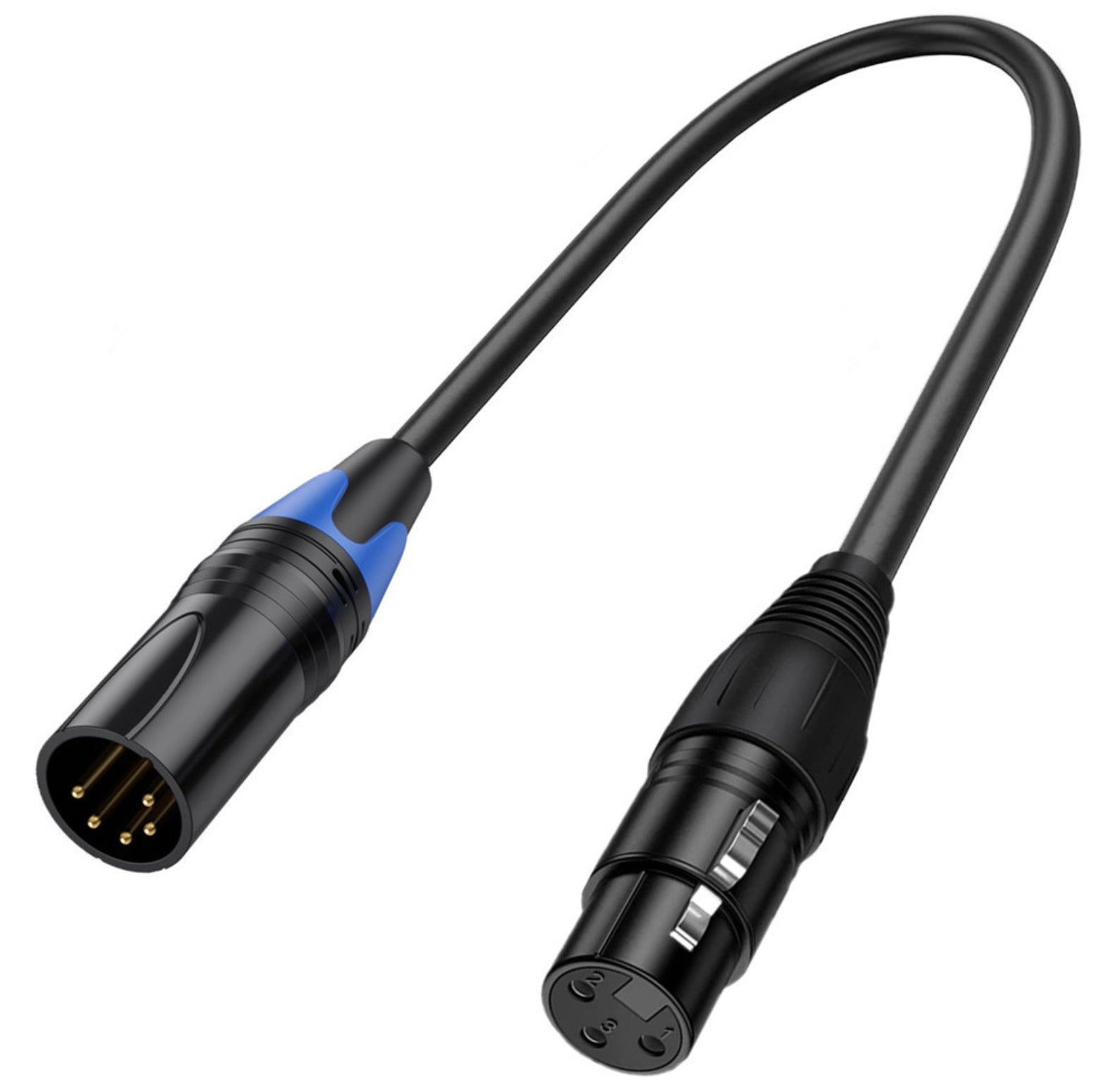 XLR 5 pin male to XLR 3 pin female adapter cable showing flexible cable construction