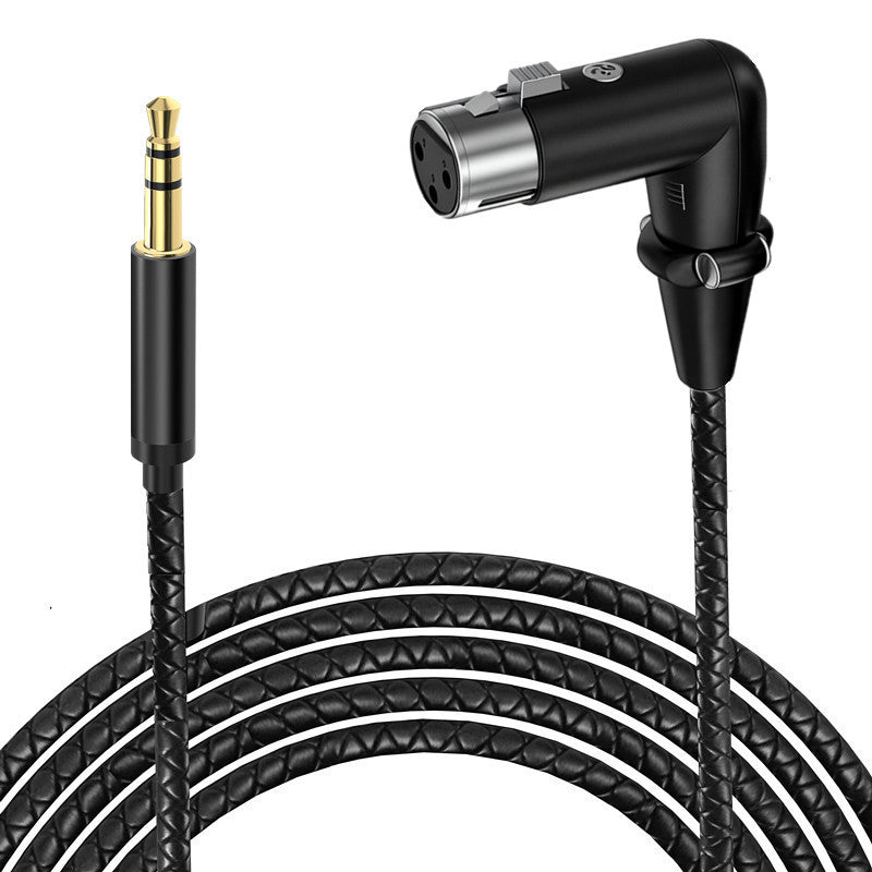 Black audio cable with 3.5mm and XLR connectors on a white background