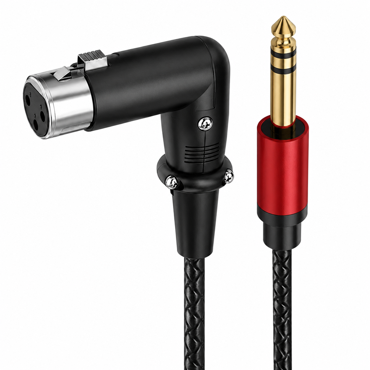 Black audio adapter cable with an angled XLR connector on one end and a gold and red 1/4-inch jack on the other, shown on a white background.