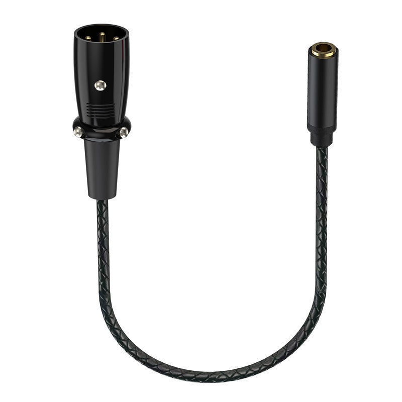 Close-up of XLR male connector with metal housing and gold plated pins