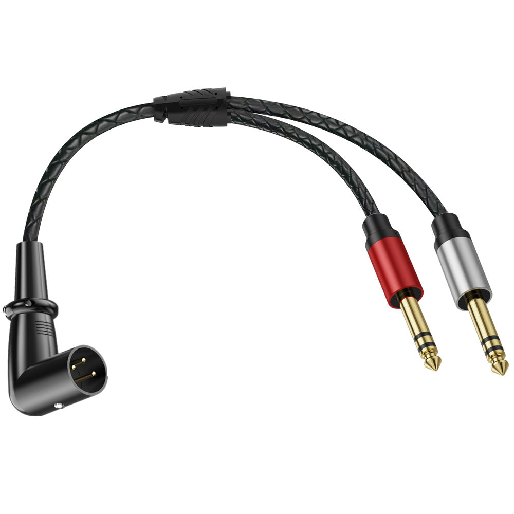 Close-up of right-angle XLR male and two straight 6.35mm TRS male connectors