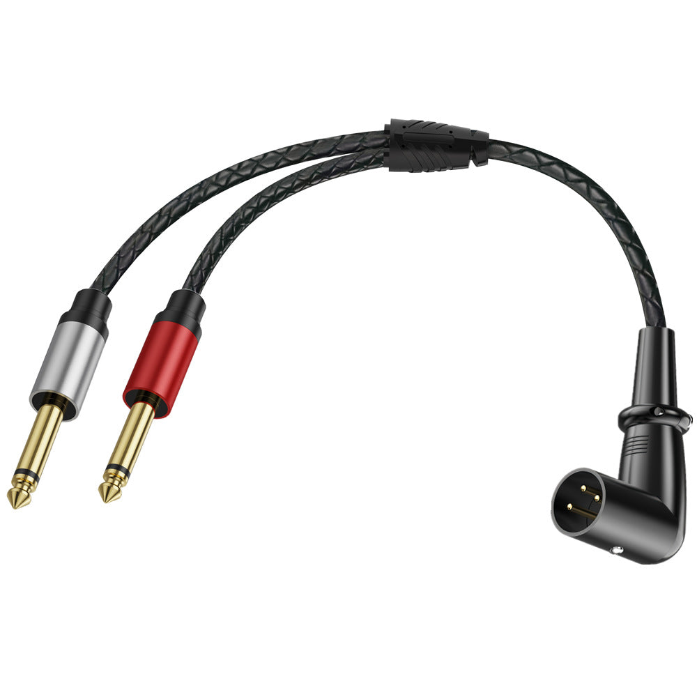 Close-up of right-angle XLR male and two straight 6.35mm TS mono male plugs