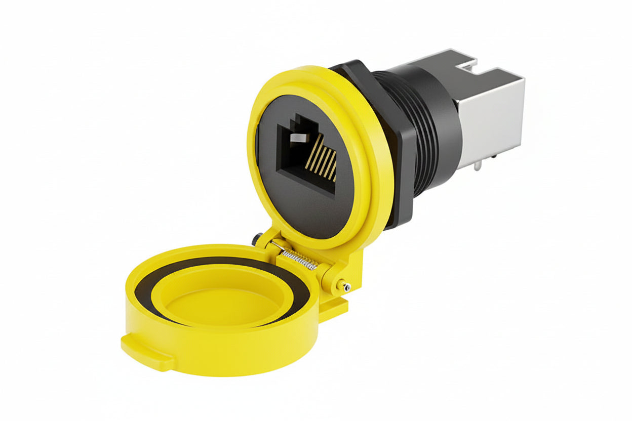 Yellow waterproof RJ45 panel mount Ethernet connector