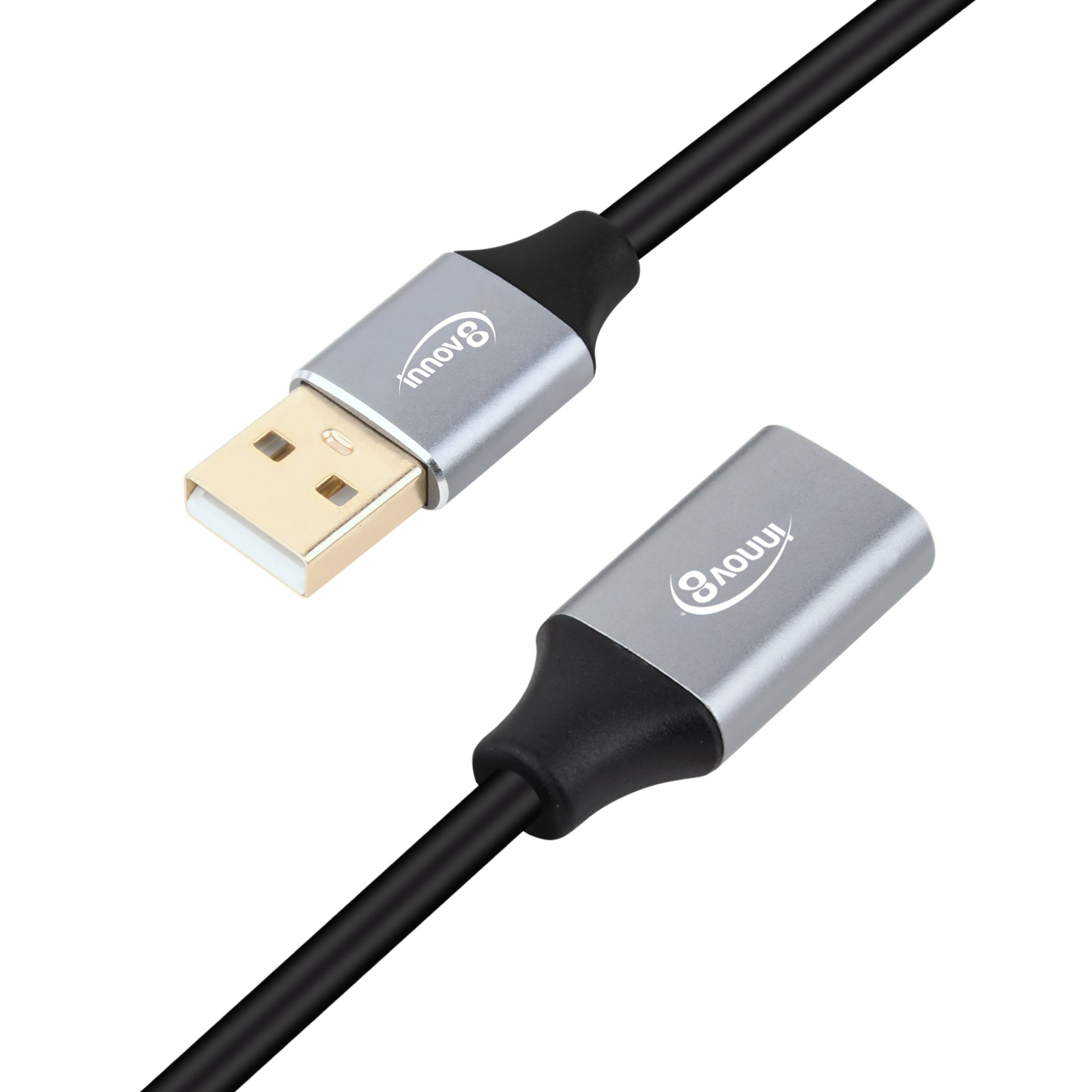 A USB-A 2.0 Male to Female coiled data extension cable with a black PVC jacket and metallic connectors.