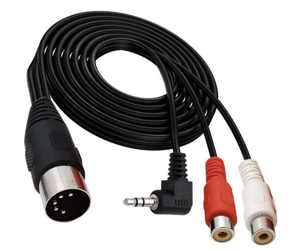 5-Pin Din Male to Dual RCA Female + 3.5mm Angled Male Connector Audio Cable 1.8m