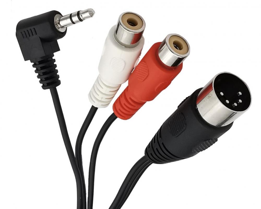 5-Pin Din Male to Dual RCA Female + 3.5mm Angled Male Connector Audio Cable 1.8m