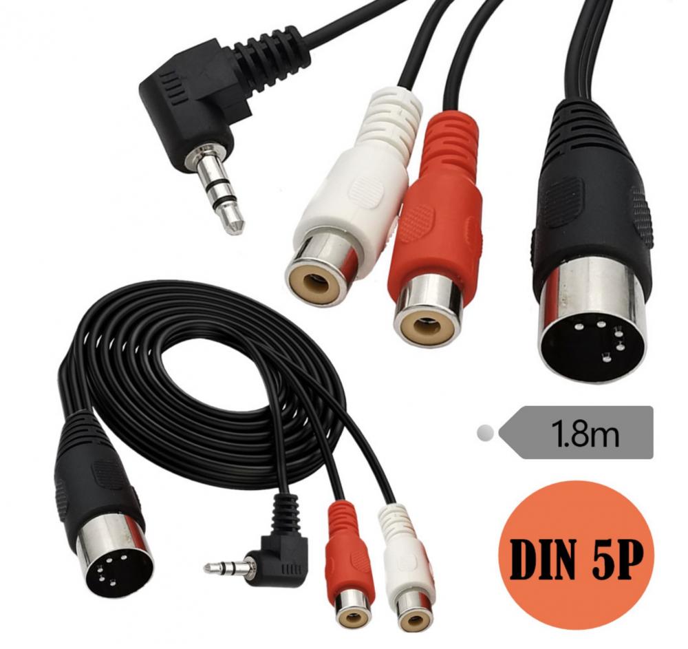 5-Pin Din Male to Dual RCA Female + 3.5mm Angled Male Connector Audio Cable 1.8m
