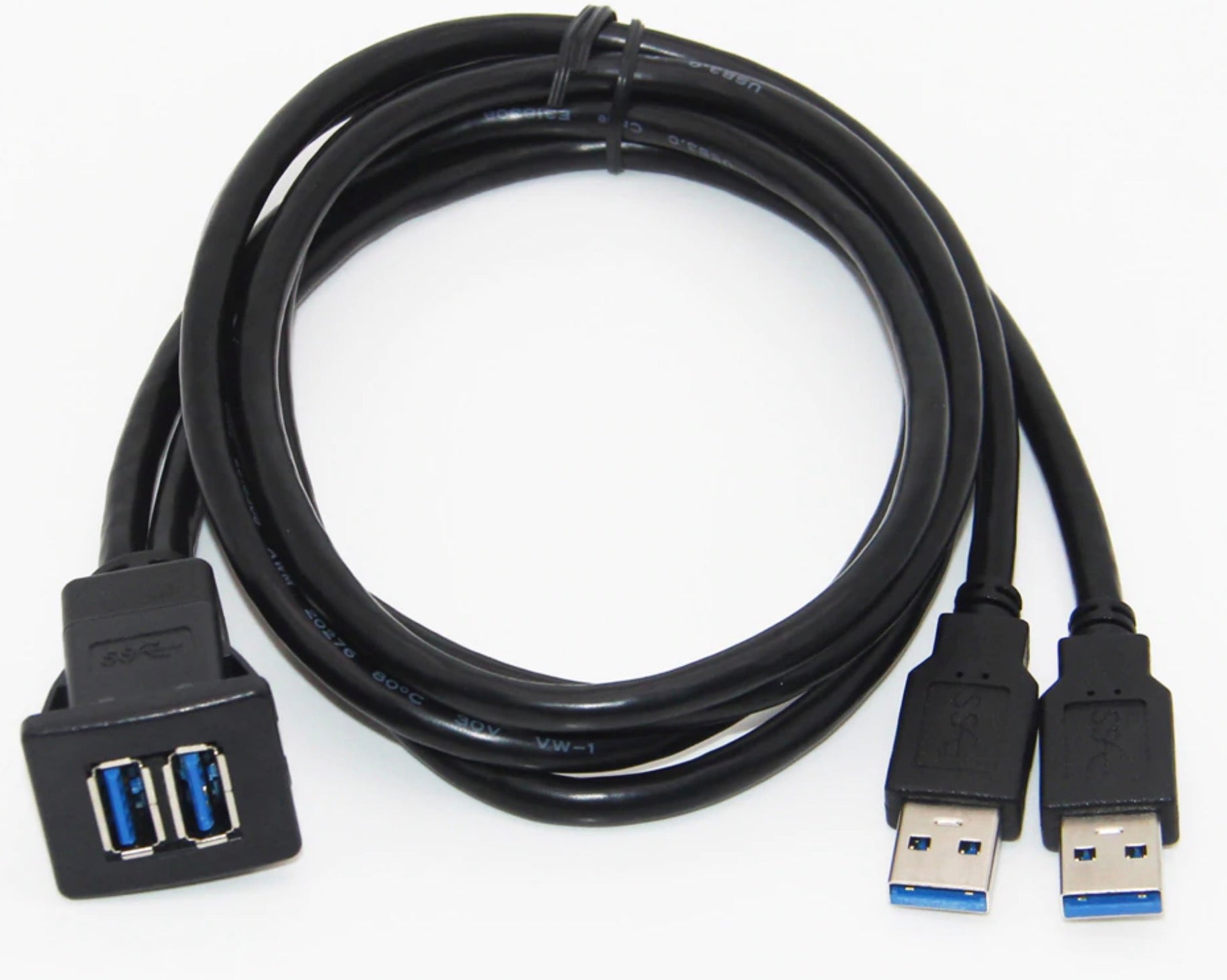 Dual USB 3.0 Type A Female to Dual Male Panel Flush Mount Cable for Car, Boat Dash