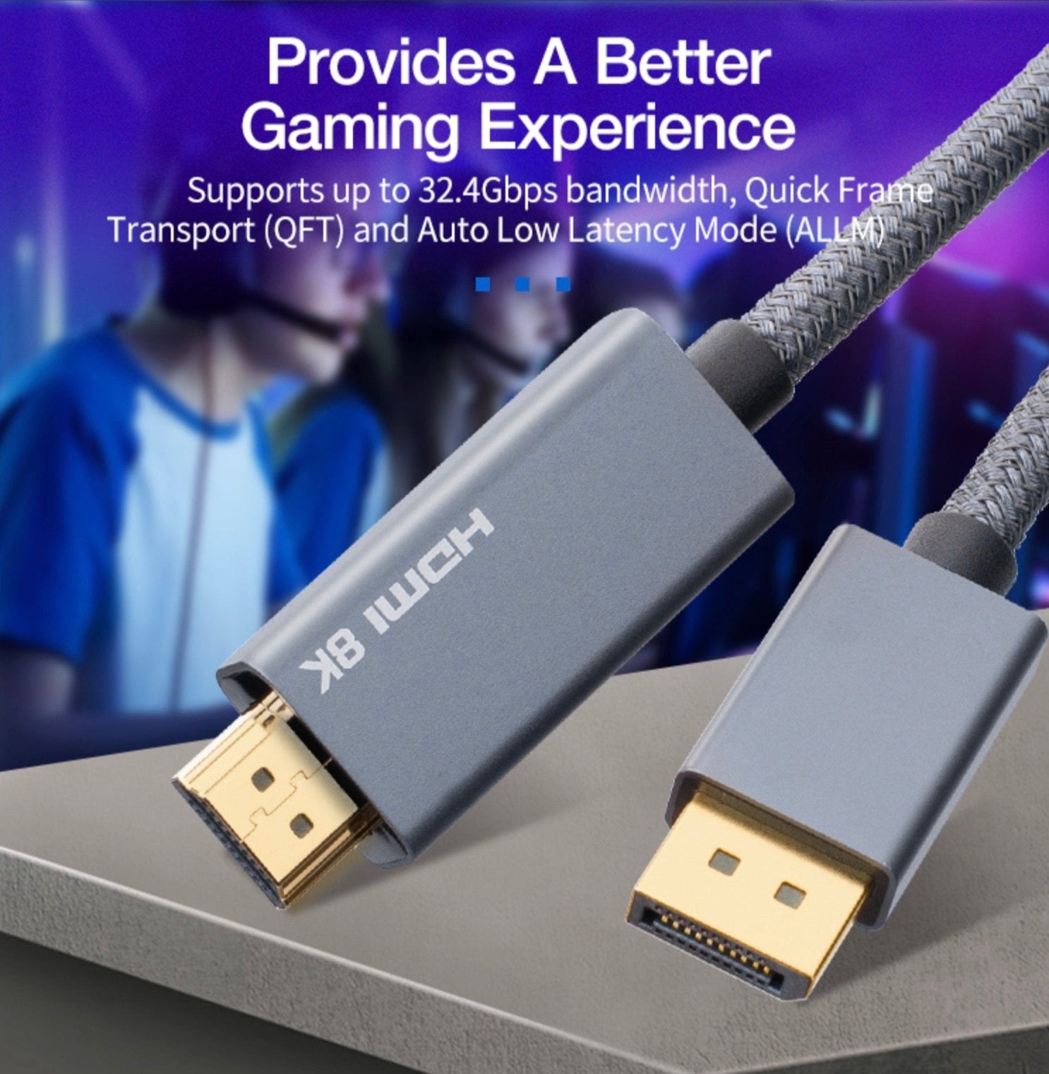 8K Displayport to HDMI Male Braided Audio Video Cable | DP - HDMI