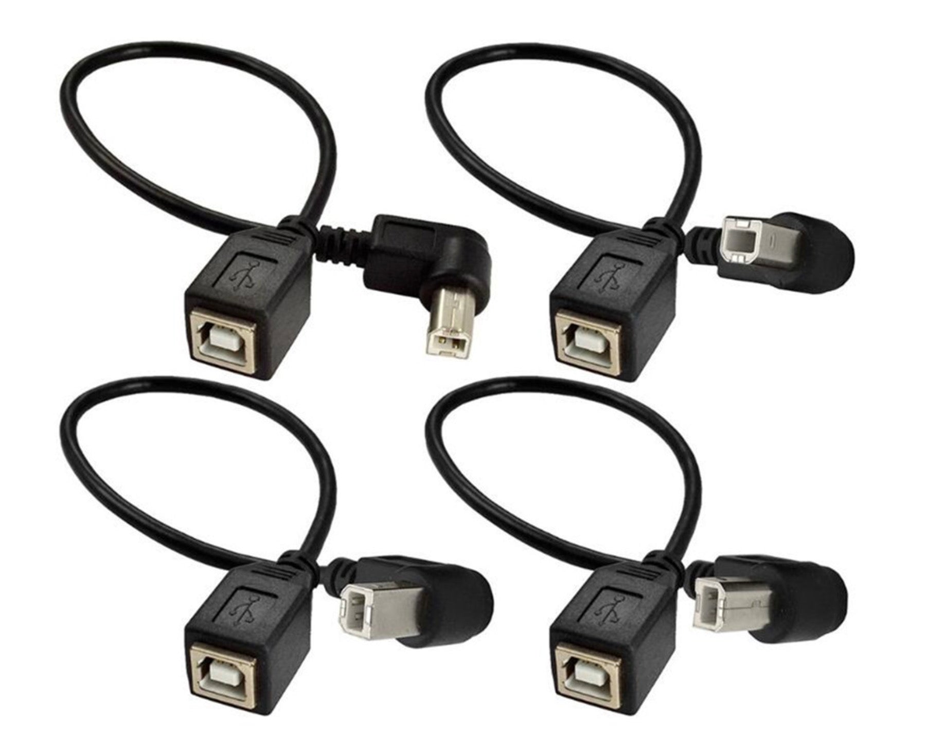 A set of four black USB 2.0 Type B male to female printer extension cables, each with a different angle bend.