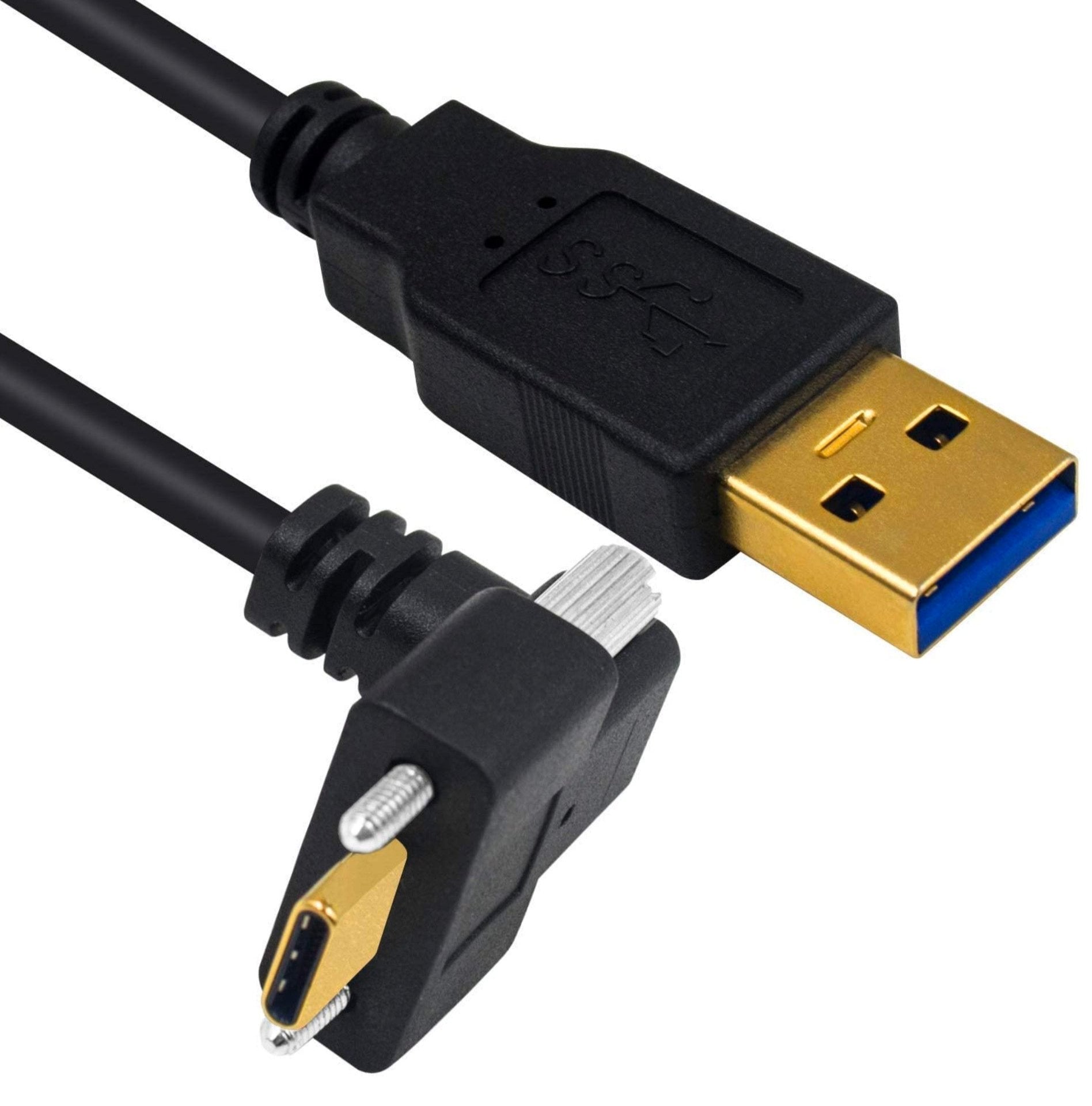 USB-A 3.0 Male to Angled USB-C Dual Screw Locking Panel Mount High Speed Cable