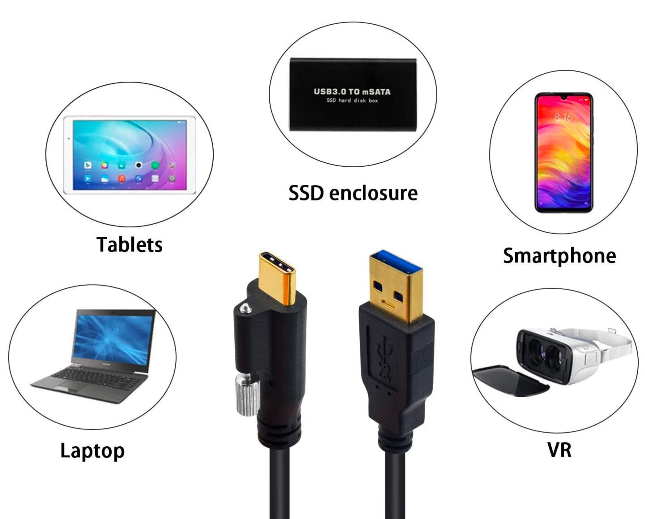 USB 3.0 A Male to USB-C Male Cable, Single Screw Locking, High Speed