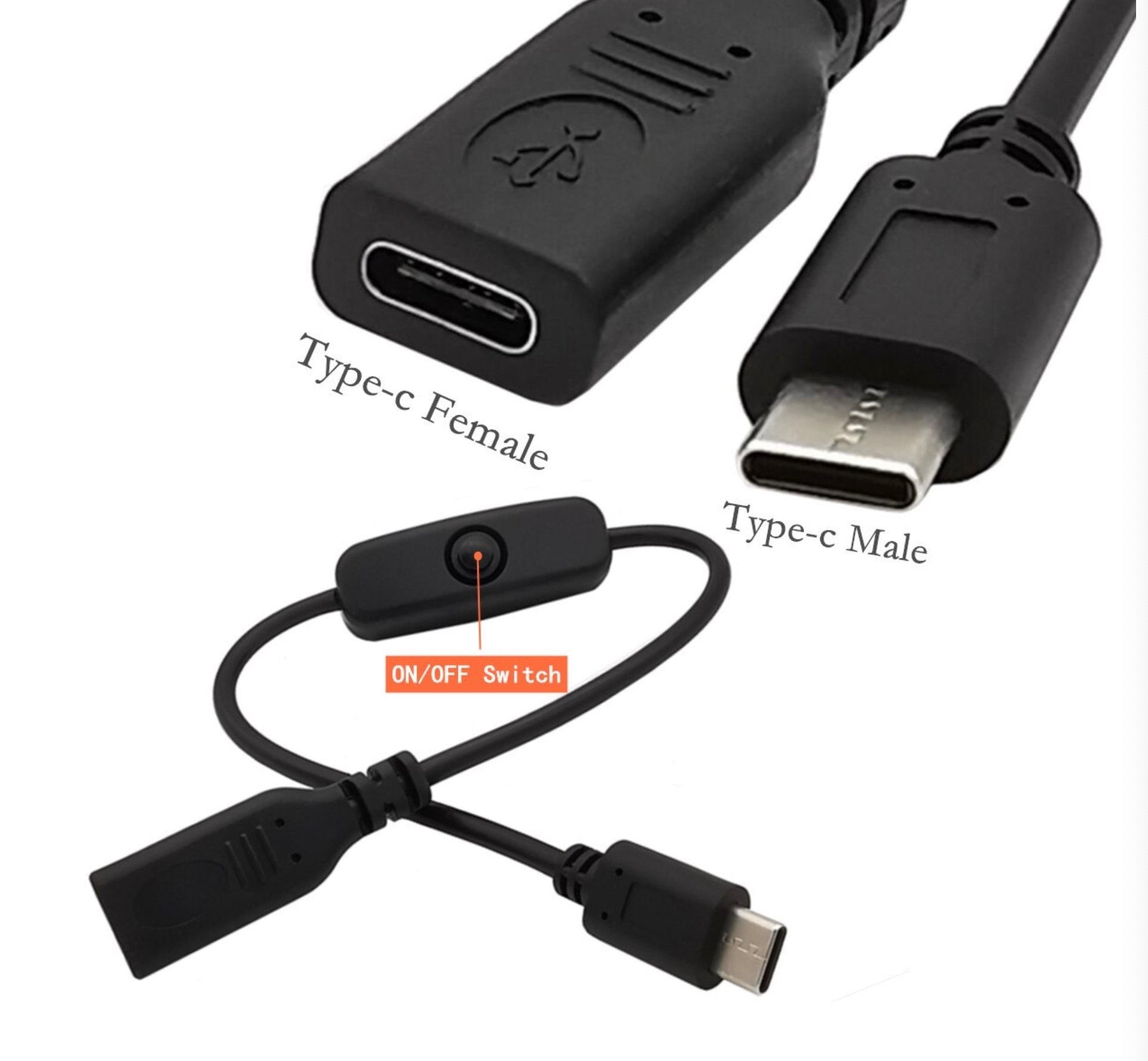 USB-C Male to Female Charging Extension Cable with On/Off Switch 0.3m