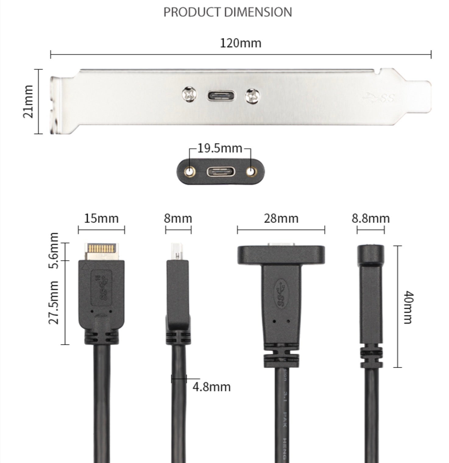 USB 3.1 Type-C Female Panel Mount to USB Type E 20 Pin 10Gbps 0.5m