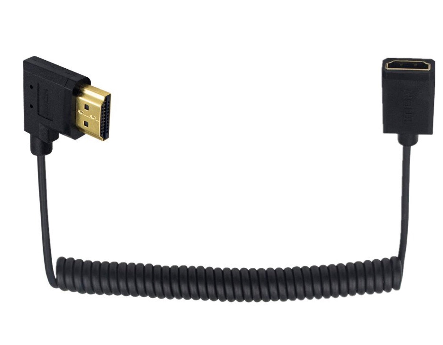 gold-plated HDMI connector detail for slim coiled cable.