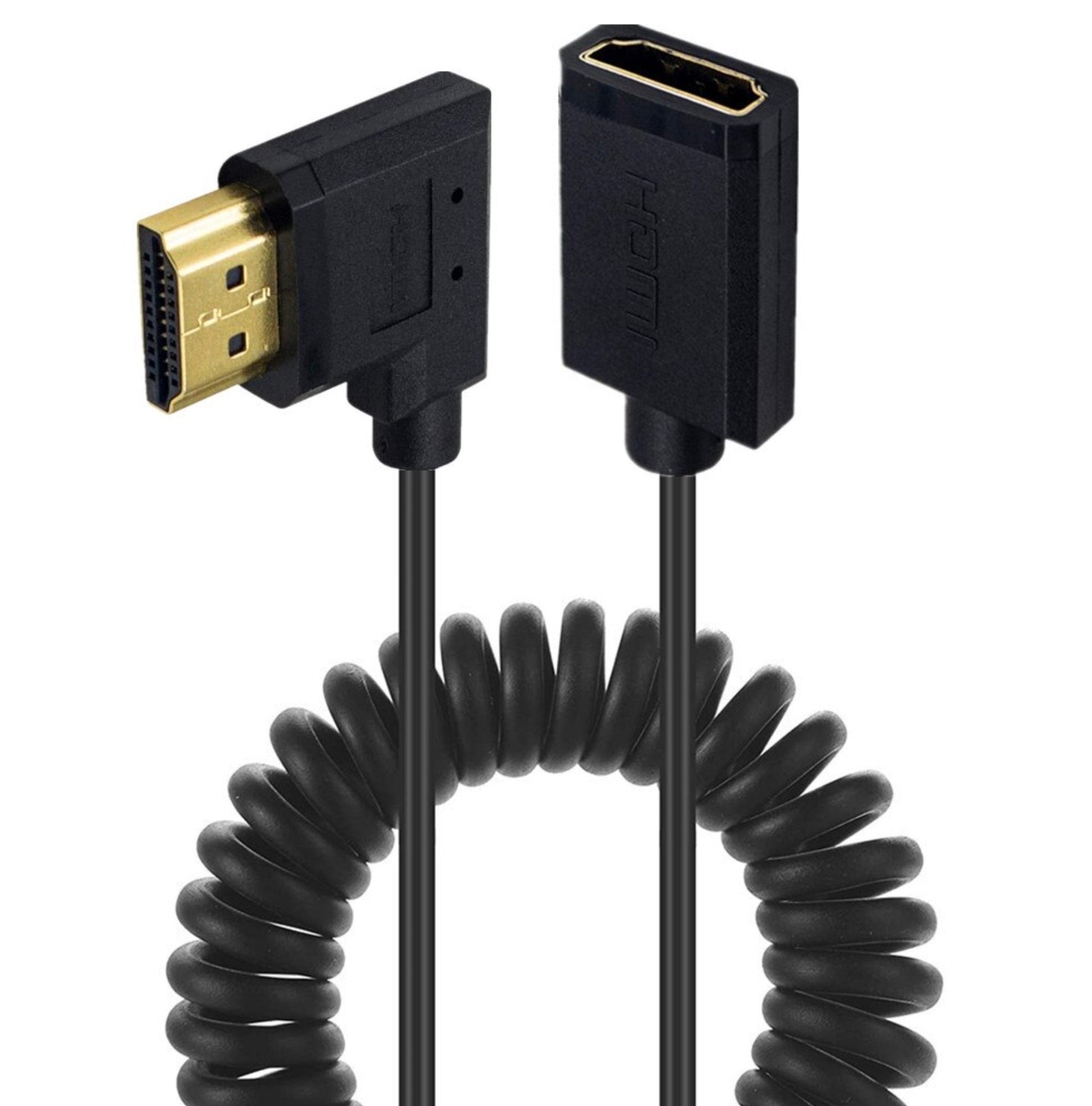 24K gold-plated HDMI connector detail for slim coiled cable.
