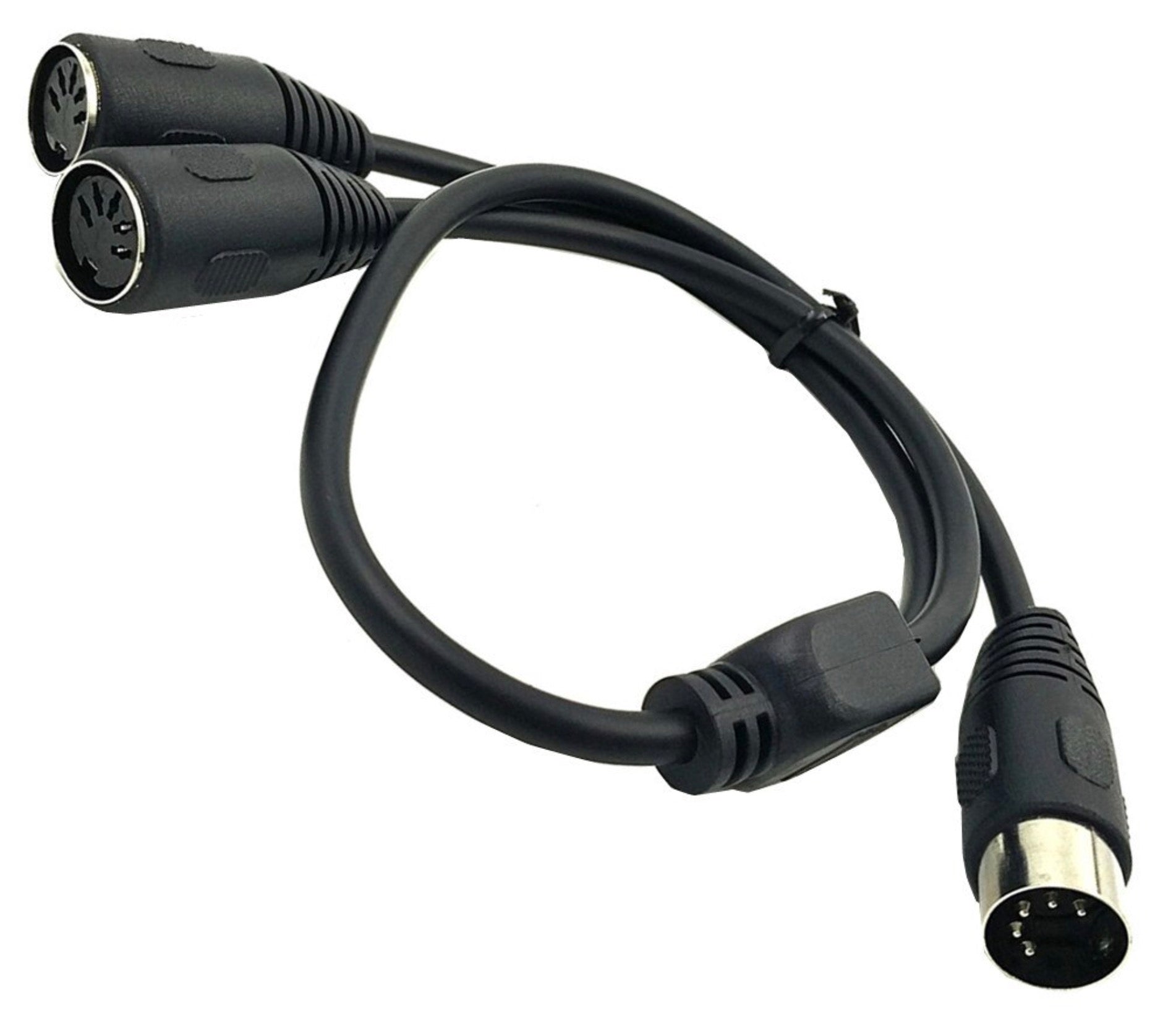 A black MIDI 5-pin male to dual 5-pin female extension cable with a spiral shield design.